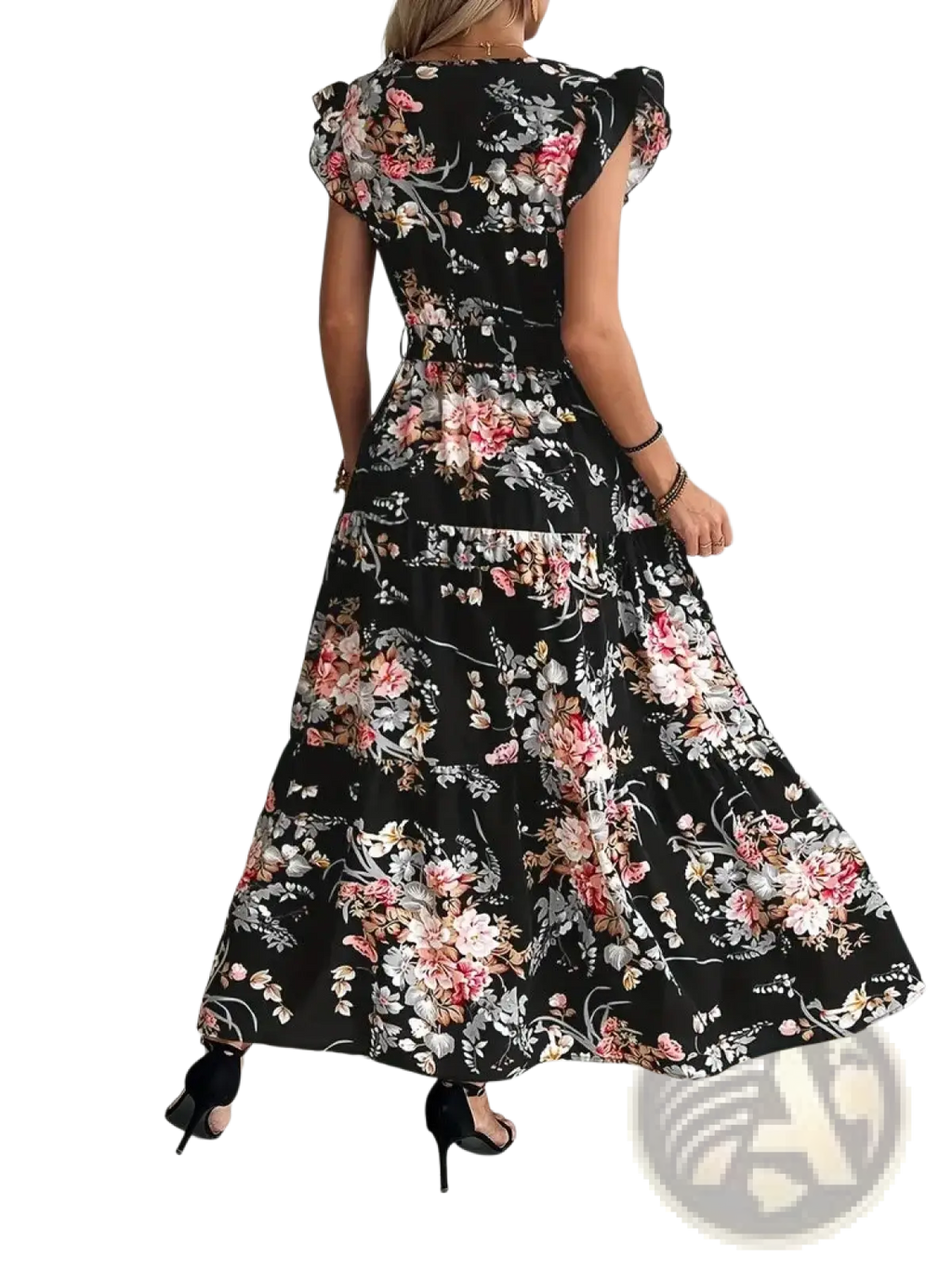 Black floral maxi dress with ruffled cap sleeves and tiered skirt featuring a belted waist and v neck design