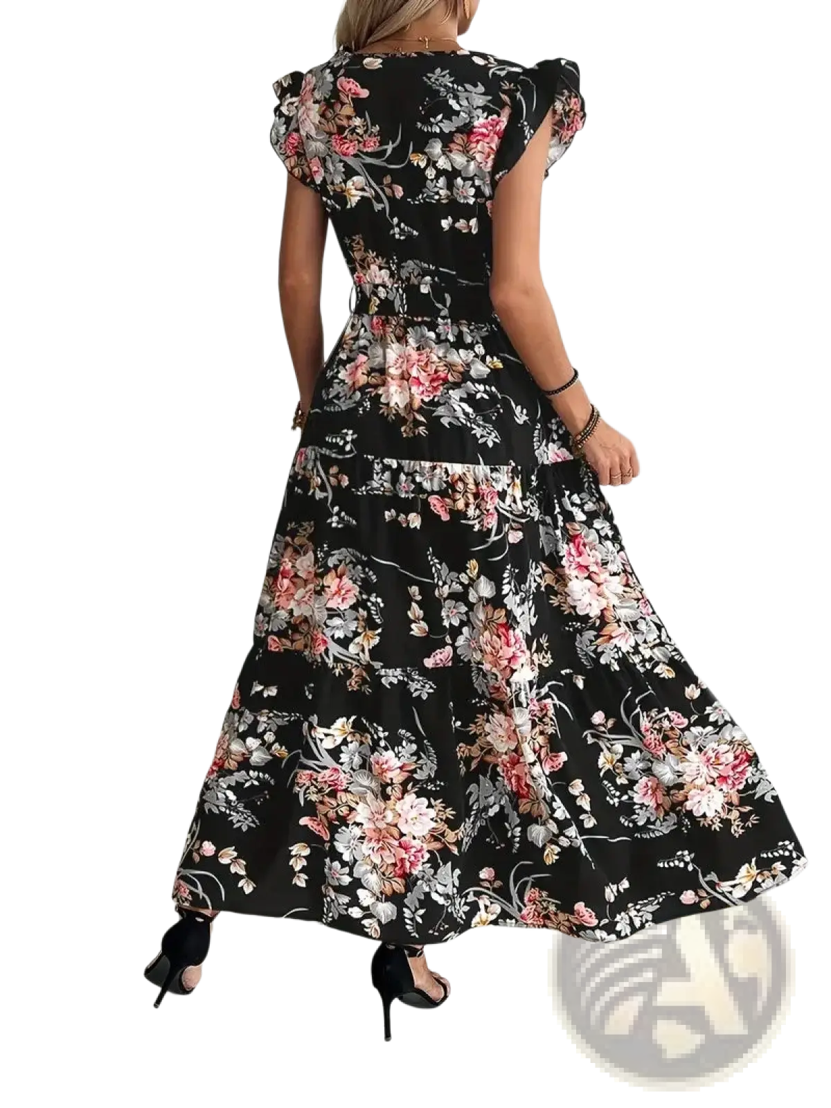 Black floral maxi dress with ruffled cap sleeves and tiered skirt featuring a belted waist and v neck design