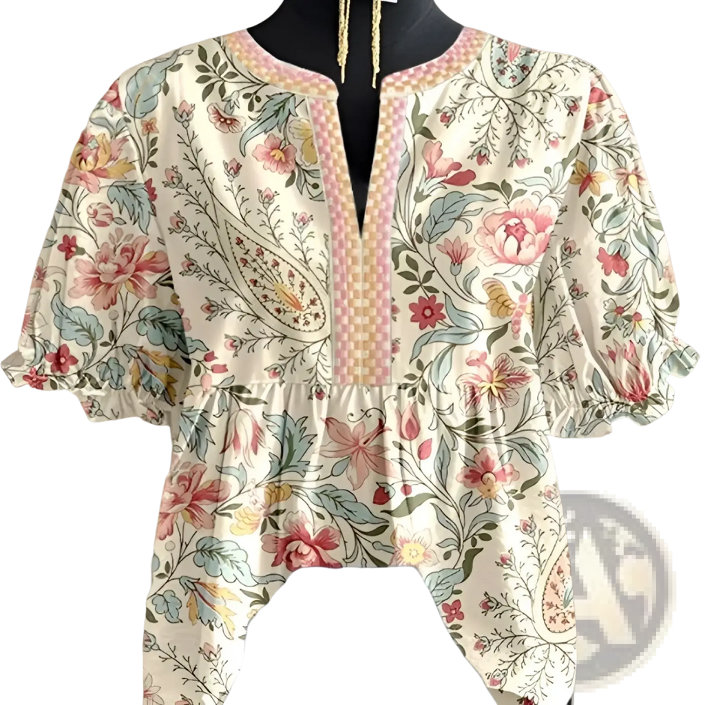 Floral v-neck ruffled sleeve blouse with cream base, pink and green floral paisley pattern, and checkered pink beige trim