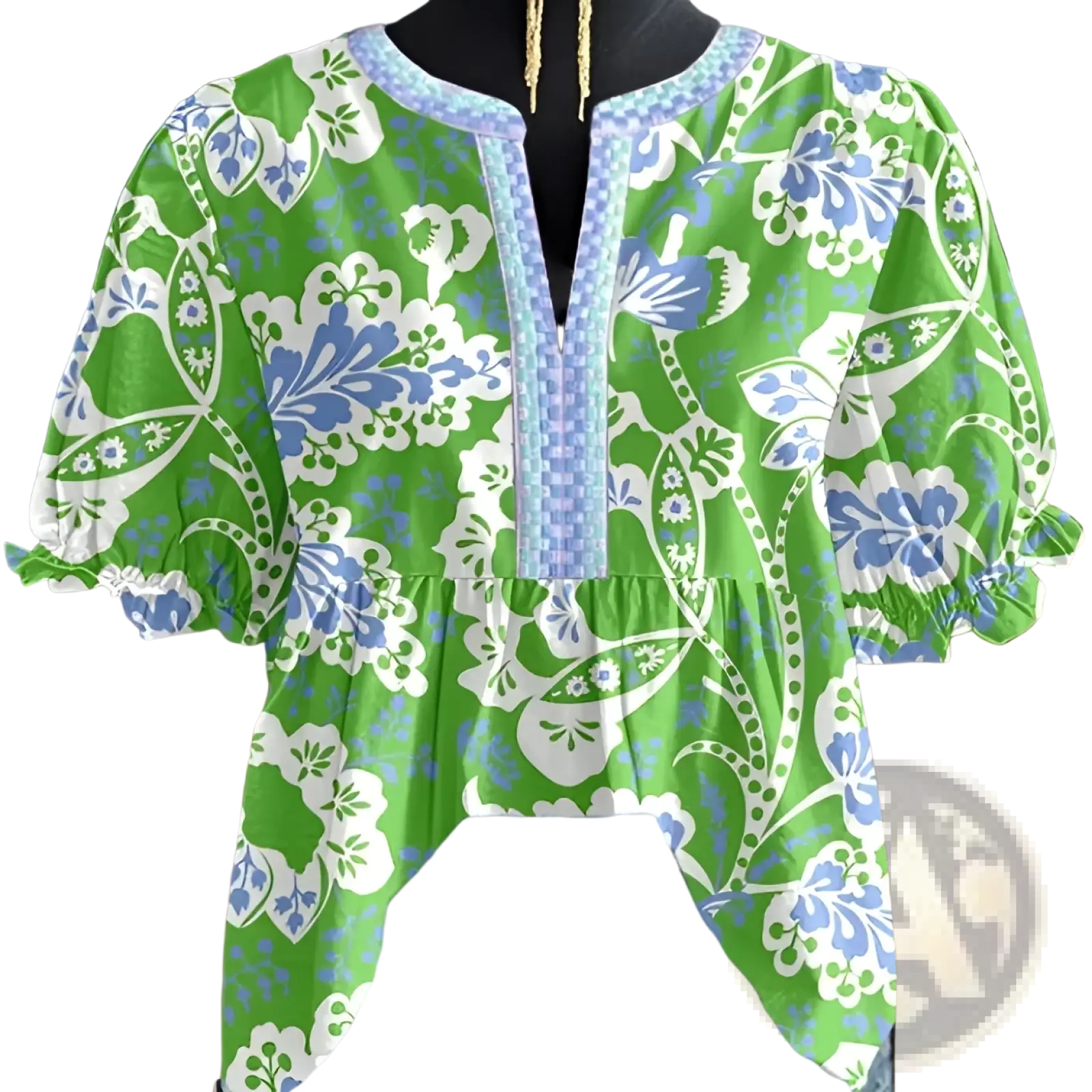 Vibrant green floral v-neck ruffled sleeve blouse with blue white patterns and light blue lace trim detailing