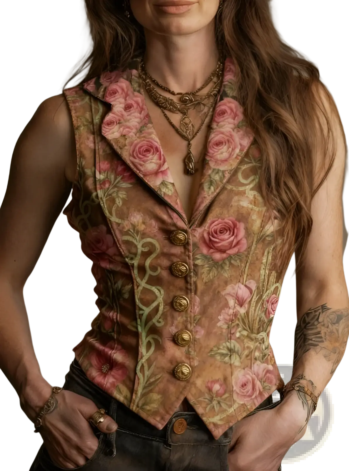 Floral velvet vest retro slim fit sleeveless top in warm brown and pink with rose patterns green vines and gold buttons