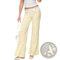 Pale yellow wide-leg pants with a floral-patterned elastic waistband for comfortable casual wear