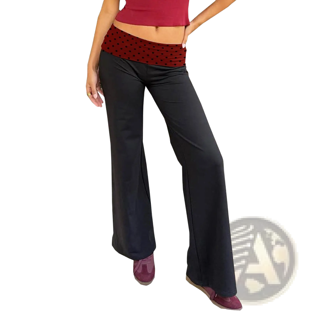 Black floral waist wide leg pants with red polka dot elastic waistband in comfortable lightweight fabric