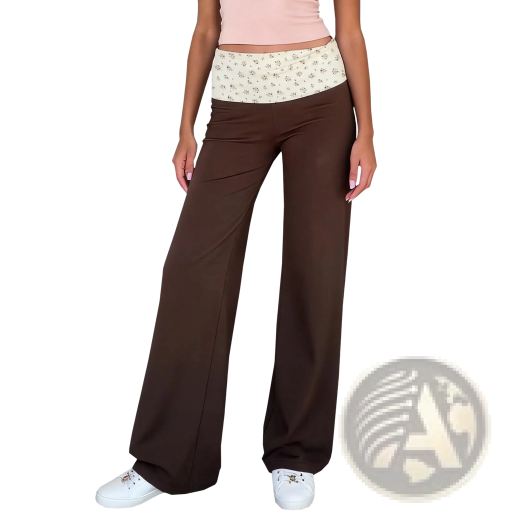 Brown wide-leg pants with a contrasting floral-patterned elastic waistband for comfortable casual wear