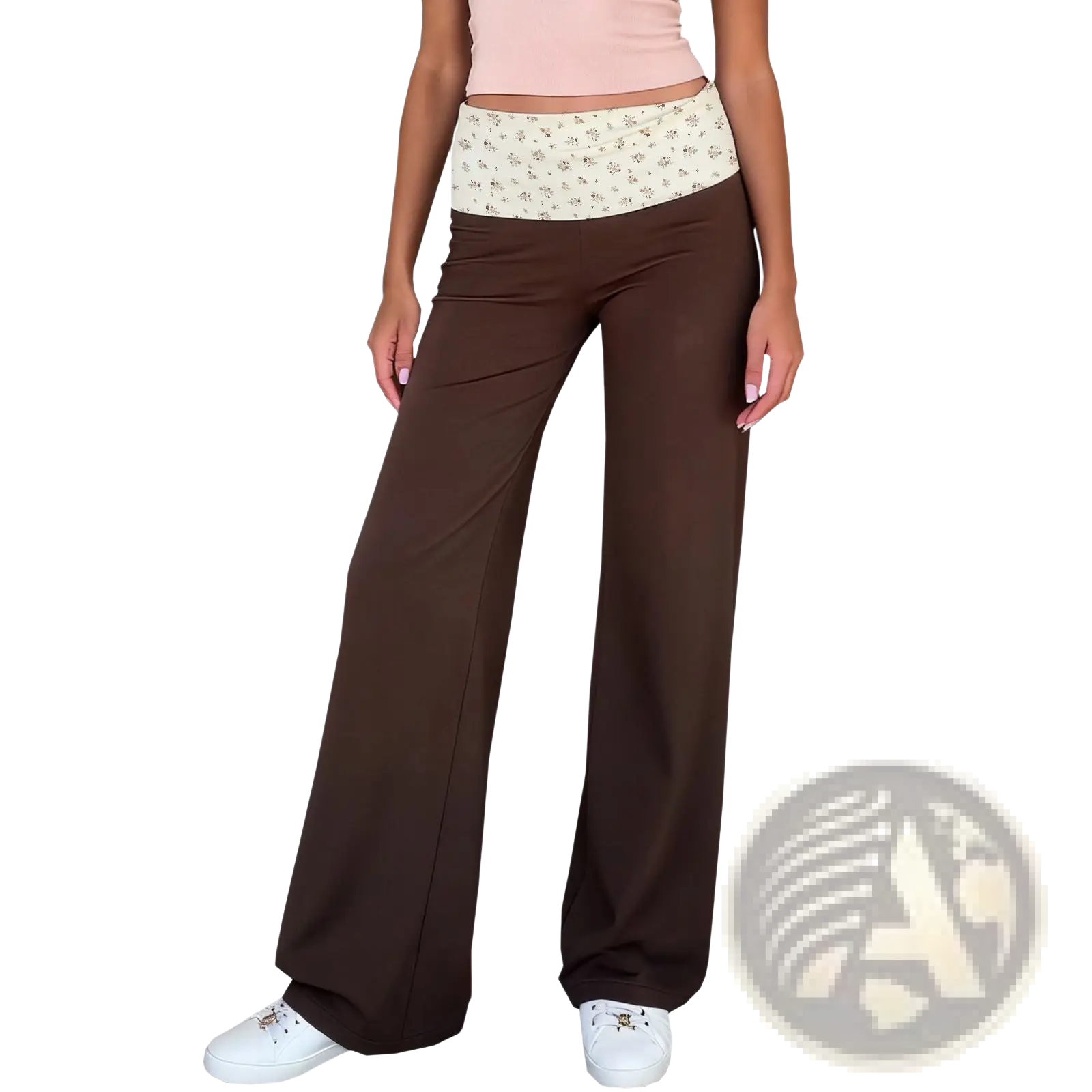 Brown wide-leg pants with a contrasting floral-patterned elastic waistband for comfortable casual wear