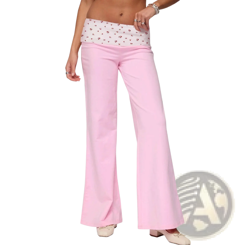 Pink floral waist wide leg pants with a white elastic waistband and small red flower patterns for casual wear