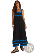 Black floral wavy trim a-line beach maxi dress with vibrant blue zigzag embroidery on neckline and hem