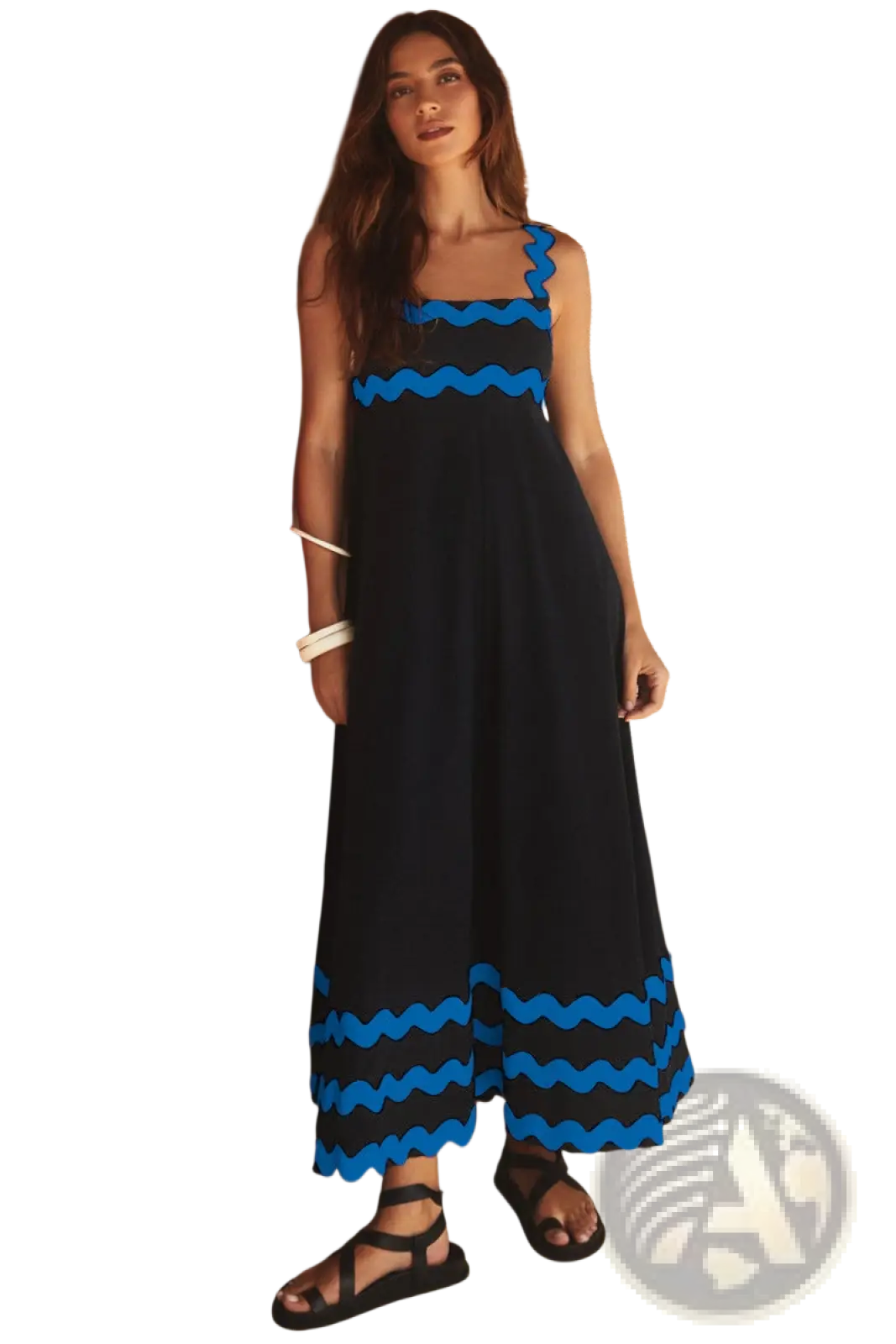 Black floral wavy trim a-line beach maxi dress with vibrant blue zigzag embroidery on neckline and hem