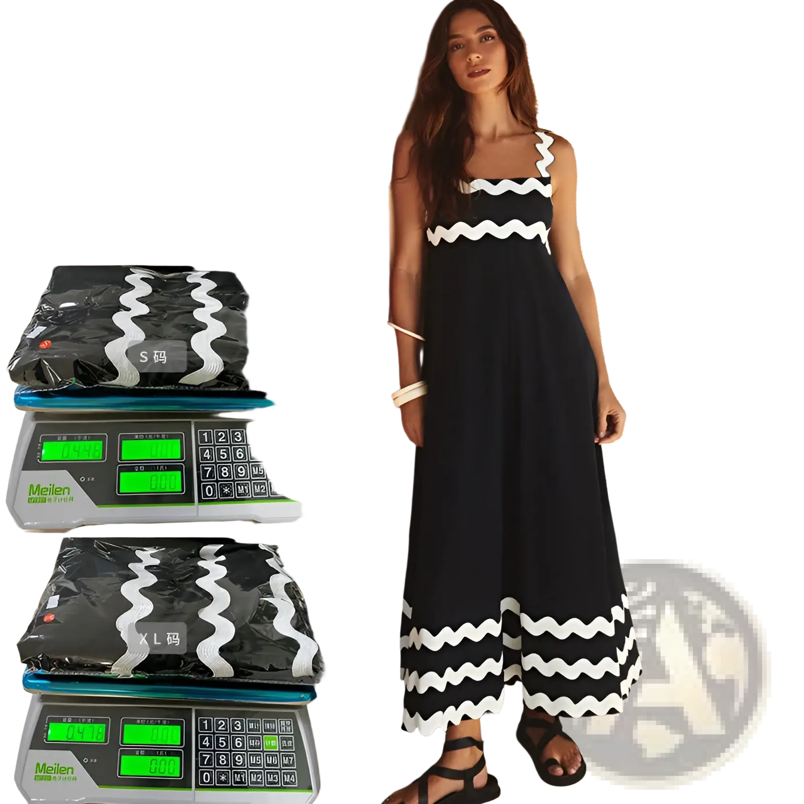 Black and white zigzag patterned sleeveless maxi dress with a flowing relaxed fit for beachwear