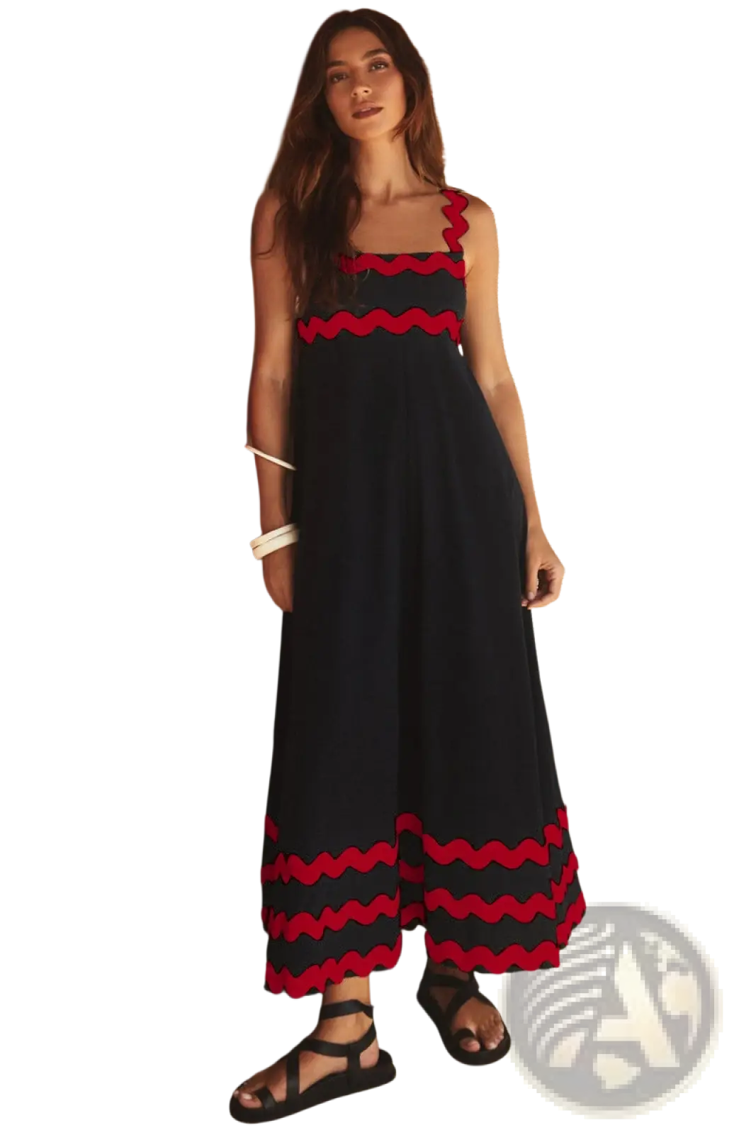 Black a-line beach maxi dress with vibrant red zigzag trim along neckline waistband and hem