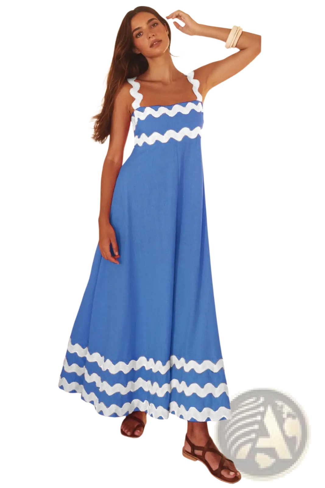 A vibrant blue floral wavy trim a-line beach maxi dress featuring white wavy trim on straps hemline and bodice