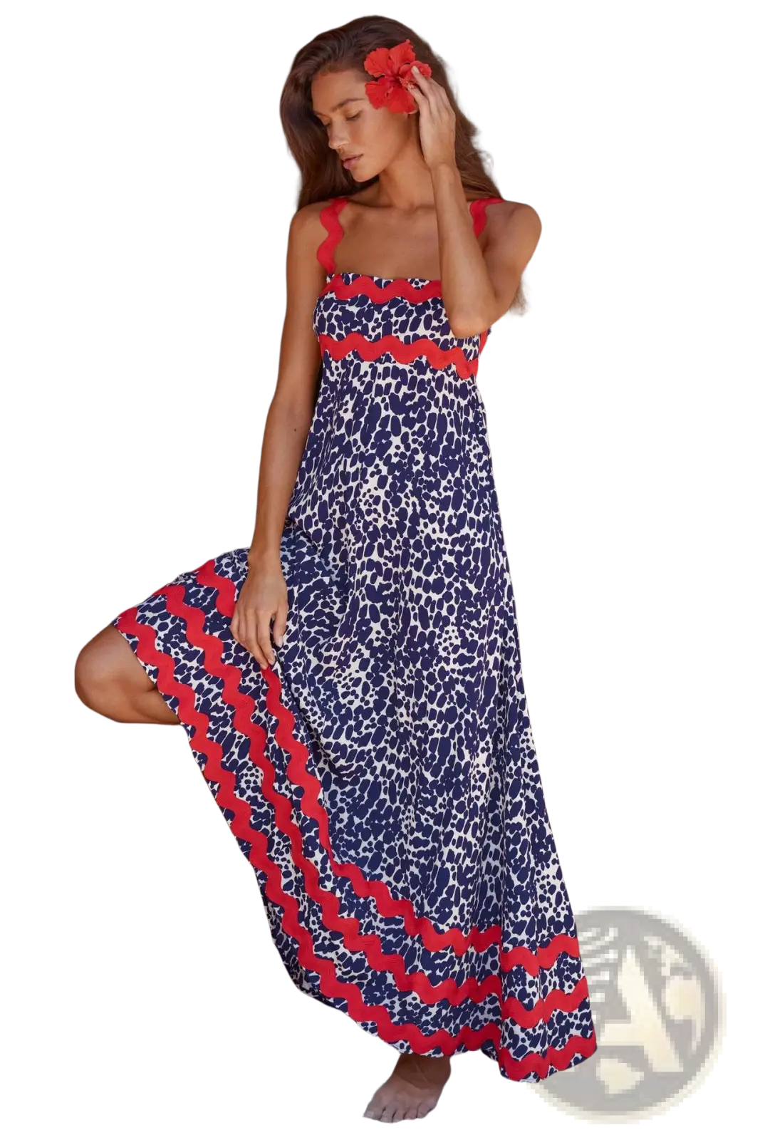 A flowing navy and white leopard-print floral wavy trim a-line beach maxi dress with bold red trim accents
