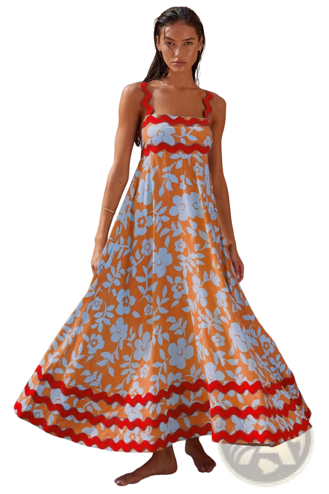 Orange and white floral maxi dress with red wavy trim and a-line silhouette perfect for beachwear