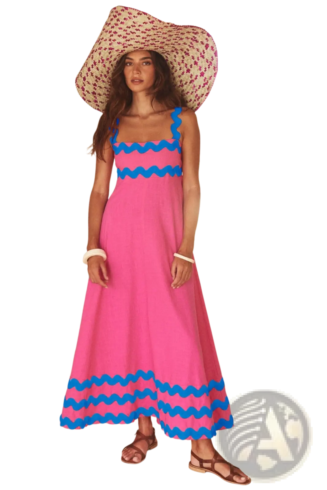 A vibrant pink floral wavy trim a-line beach maxi dress with bold blue wavy trim and a sleeveless design