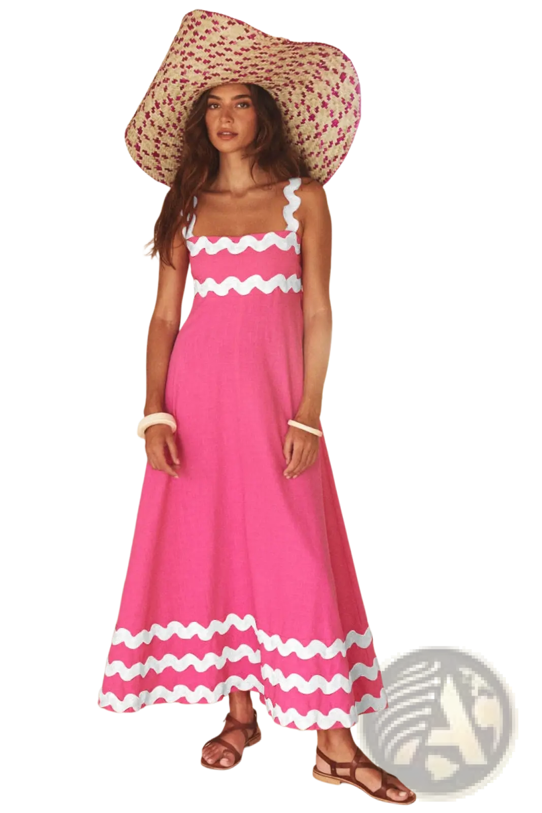 A vibrant pink floral wavy trim a-line beach maxi dress with white trim along neckline waistband and hemline
