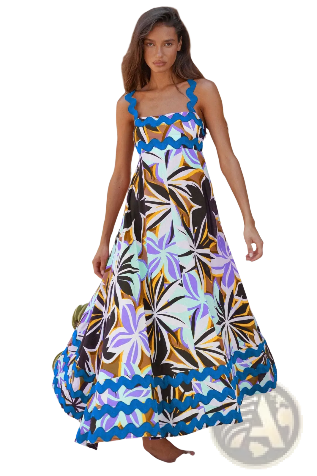 A vibrant long-sleeved floral wavy trim a-line beach maxi dress in purple black gold white with bright blue accents