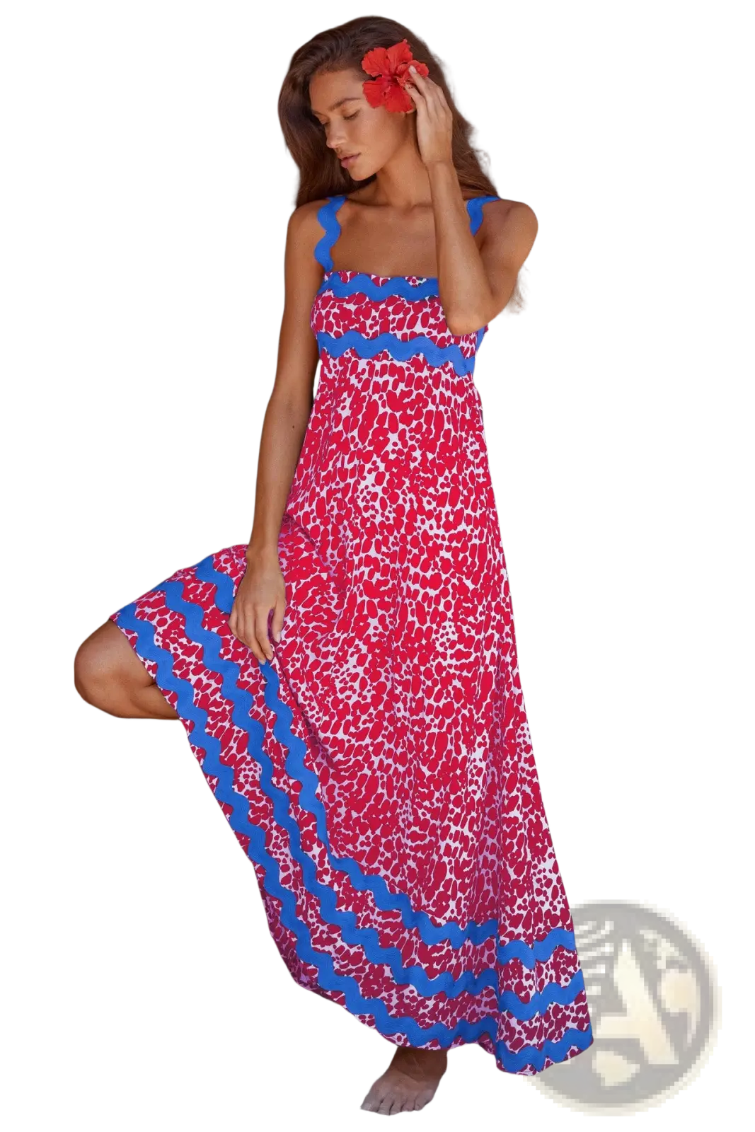 A vibrant red and blue floral wavy trim a-line beach maxi dress with leopard print and bold zigzag neckline and hem trim