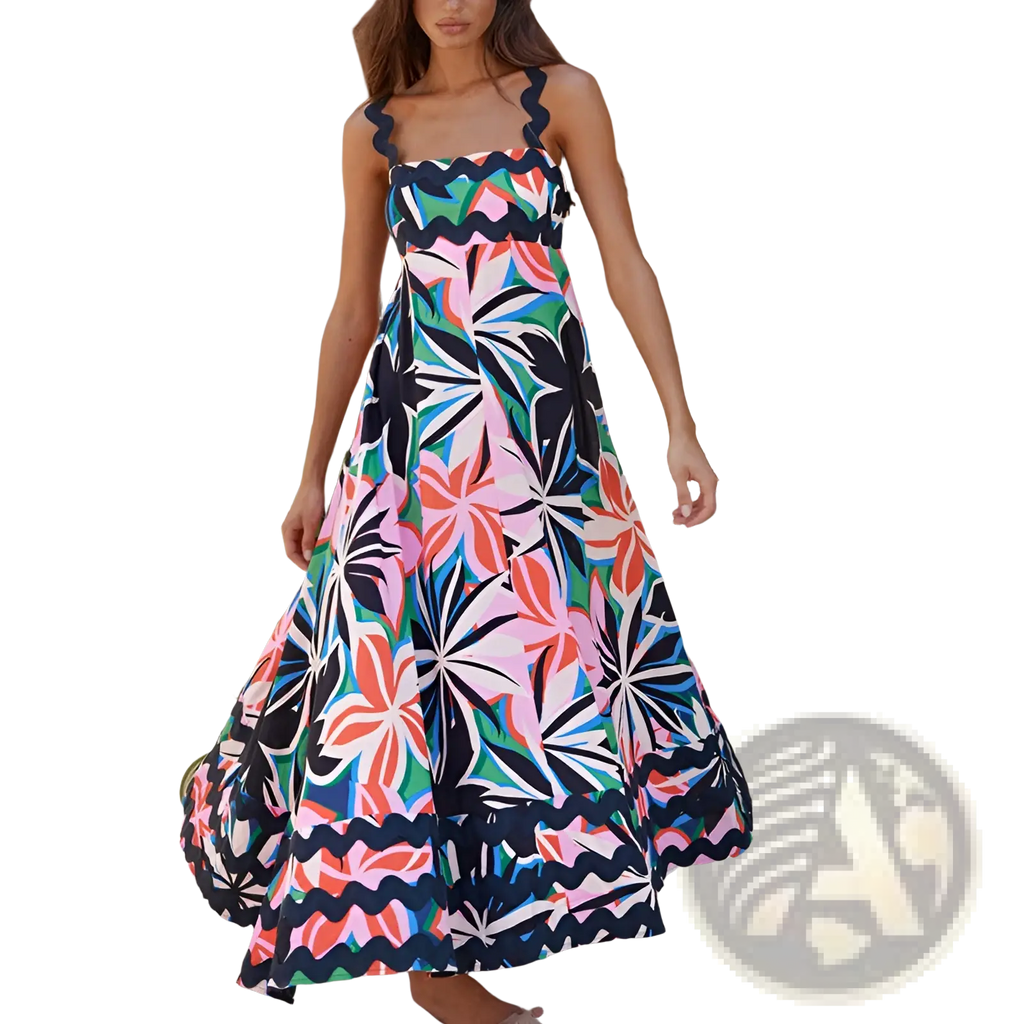 A vibrant long-sleeved floral wavy trim a-line beach maxi dress with pink green blue and black tropical pattern