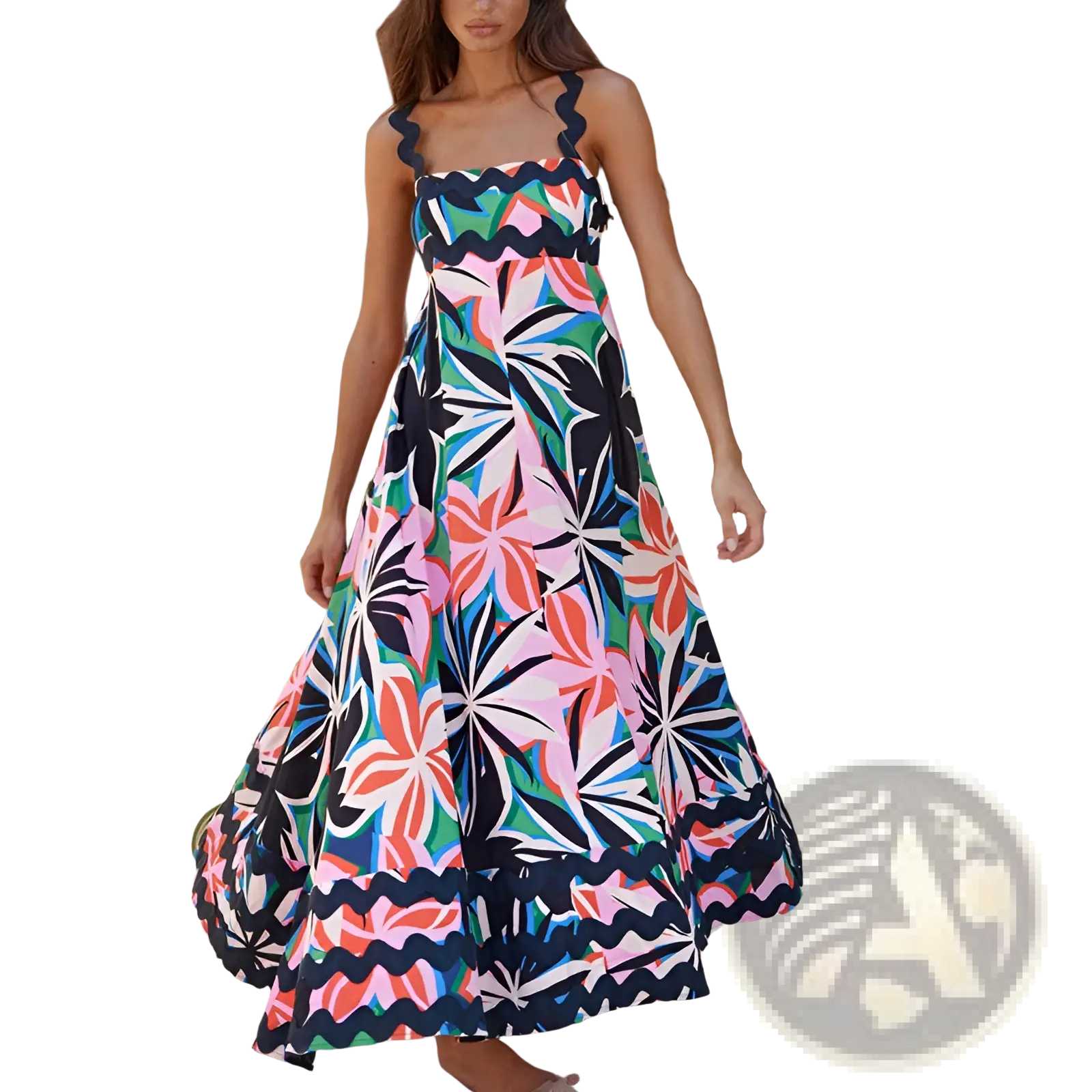 A vibrant long-sleeved floral wavy trim a-line beach maxi dress with pink green blue and black tropical pattern