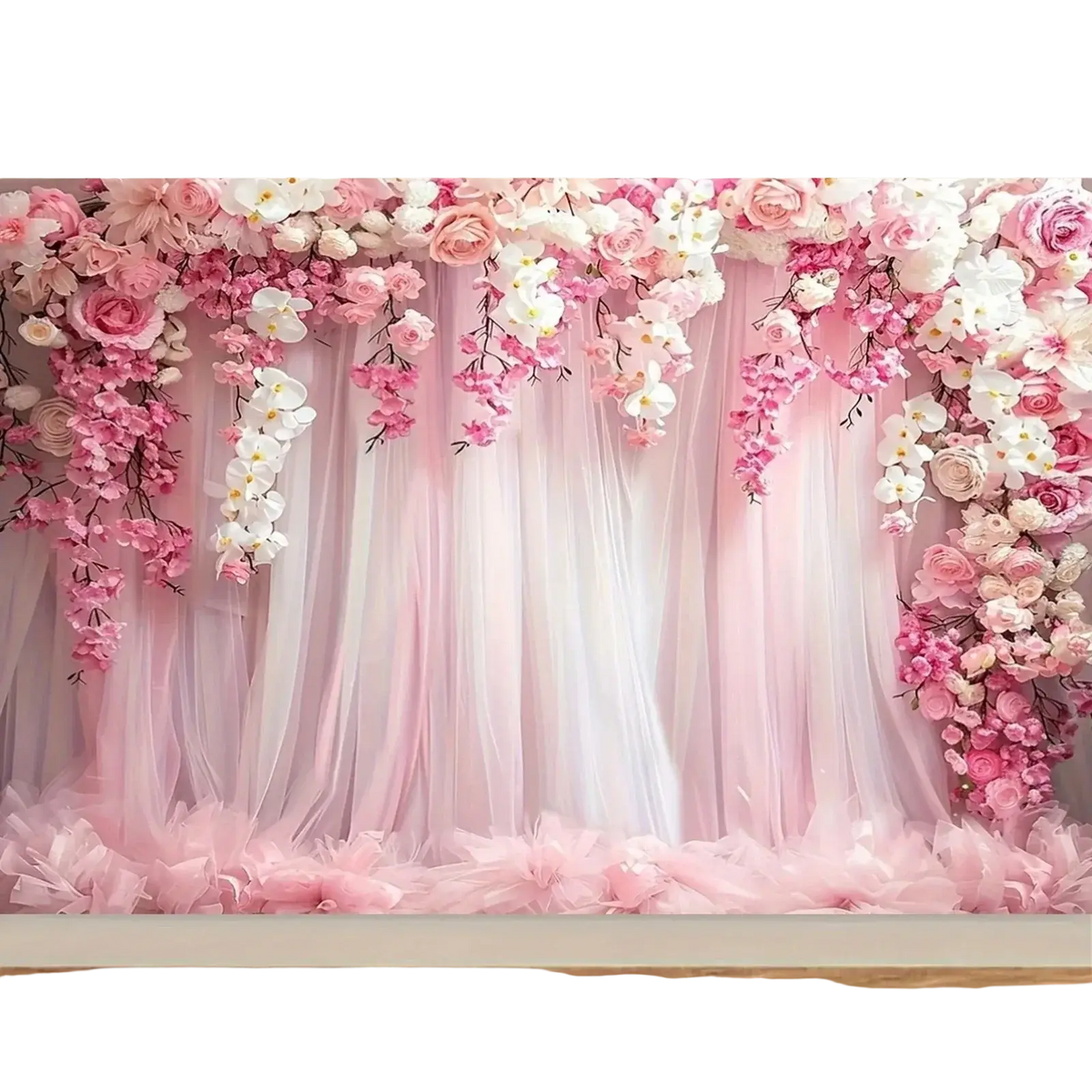 Floral wedding backdrop with tulle featuring delicate pink and white cascading roses orchids and cherry blossoms