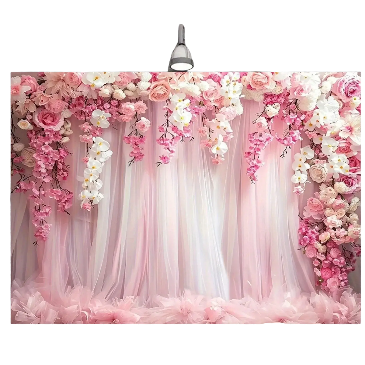 Floral wedding backdrop with pink and white cascading roses and sheer tulle curtains for elegant events