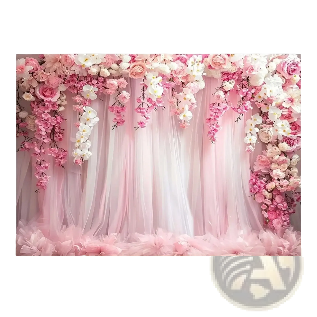 Floral wedding backdrop with pink and white cascading roses orchids cherry blossoms over sheer tulle curtains