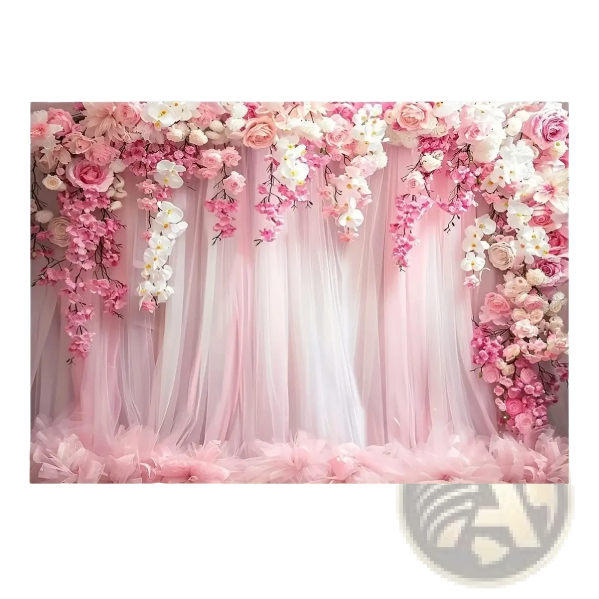 Floral wedding backdrop with pink and white cascading roses orchids cherry blossoms over sheer tulle curtains
