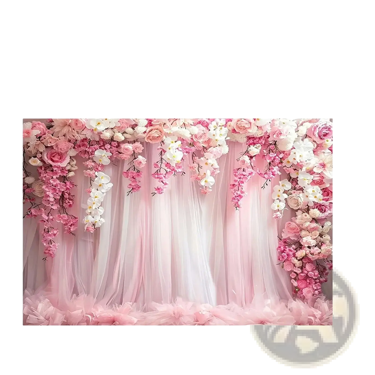 Floral wedding backdrop with pink and white cascading roses orchids and delicate tulle fabric for elegant decor