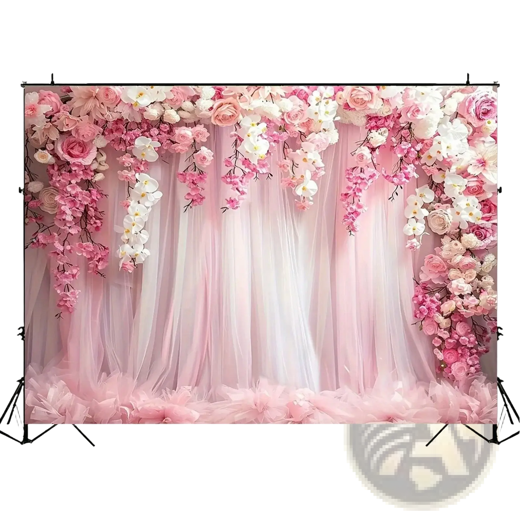 Floral wedding backdrop with pink and white cascading roses orchids and cherry blossoms on sheer tulle curtains
