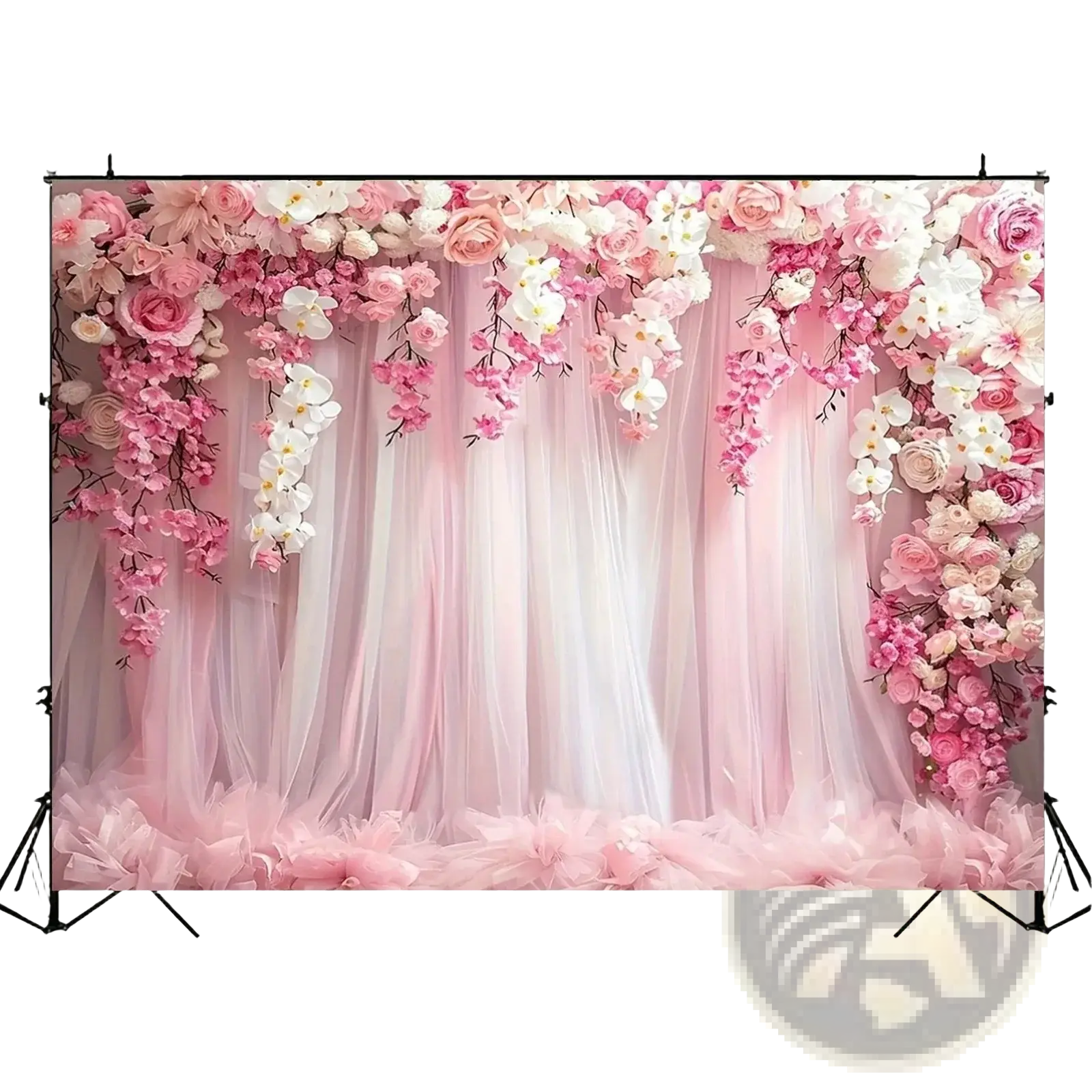 Floral wedding backdrop with pink and white cascading roses orchids and cherry blossoms on sheer tulle curtains