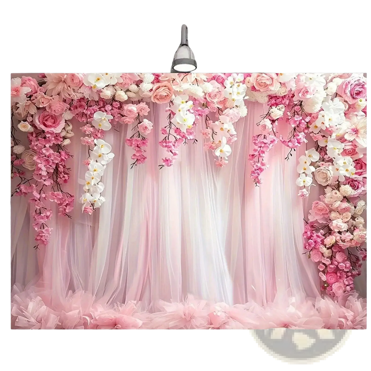 Floral wedding backdrop with pink and white cascading roses and sheer tulle curtains for elegant events