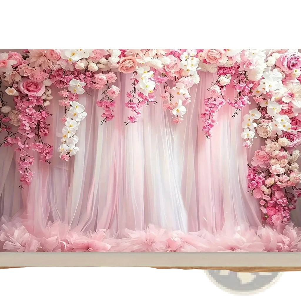 Floral wedding backdrop with tulle featuring delicate pink and white cascading roses orchids and cherry blossoms