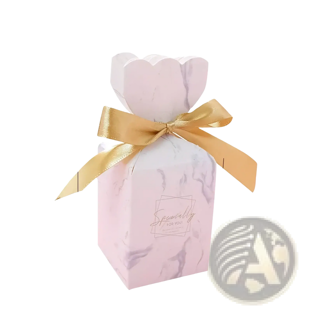 Floral wedding favor box featuring a delicate pink and white marble pattern with scalloped top and golden satin ribbon
