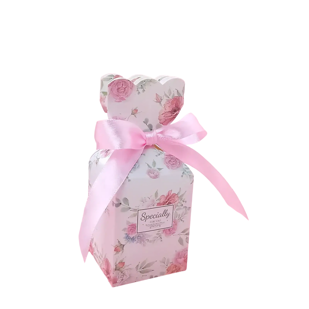 A delicate white paper floral wedding favor box with soft pink and gray patterns tied with a satin ribbon bow