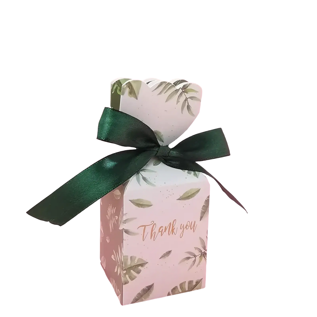 Floral wedding favor box in white paper with green leaf pattern and dark green satin ribbon thank you in gold script