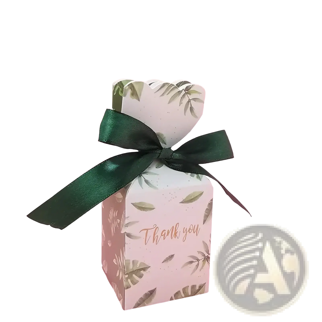 Floral wedding favor box in white paper with green leaf pattern and dark green satin ribbon thank you in gold script