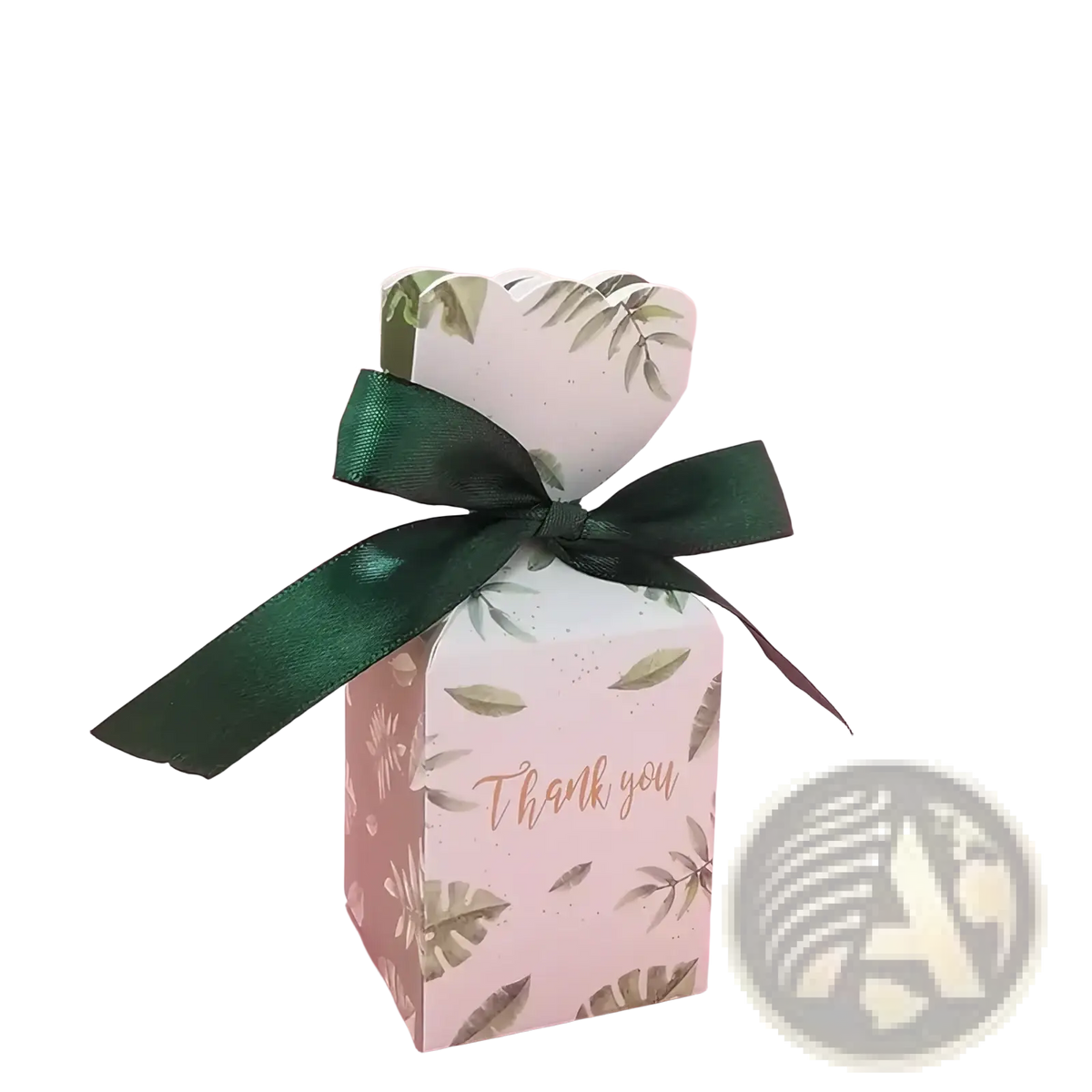 Floral wedding favor box in white paper with green leaf pattern and dark green satin ribbon thank you in gold script
