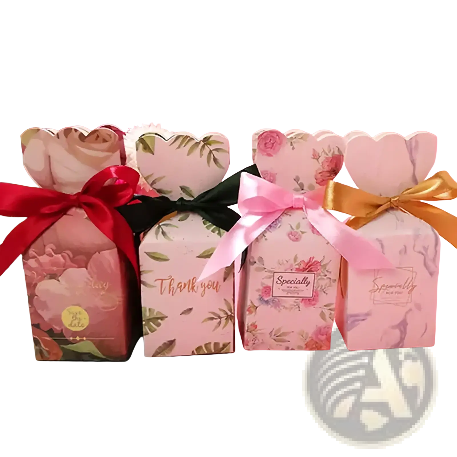 Pink floral wedding favor boxes with heart-shaped tops and satin ribbons for elegant gift packaging