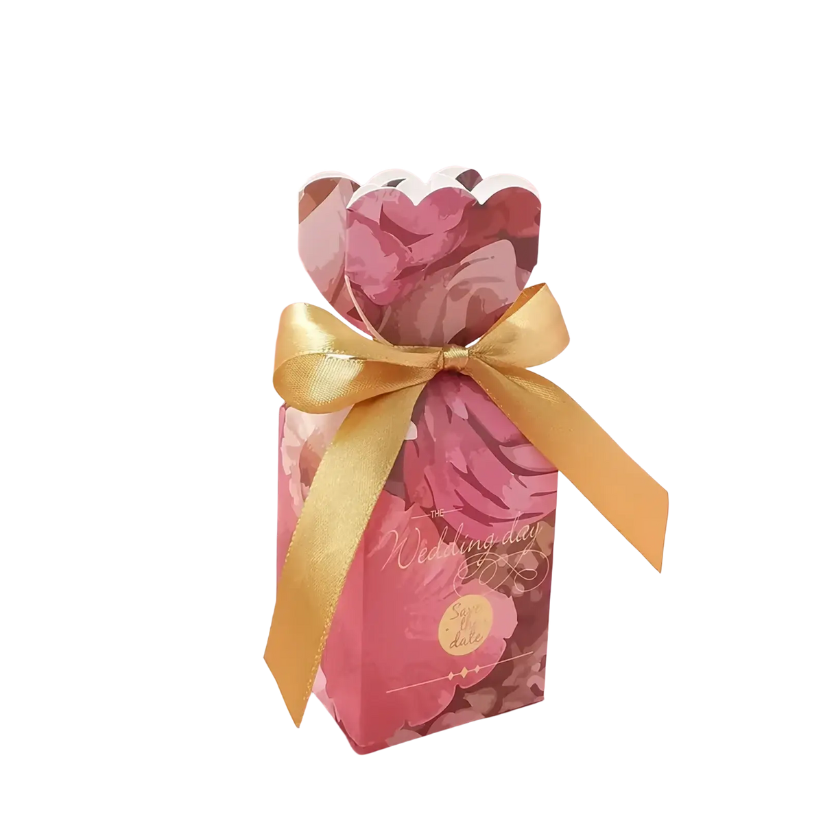 A pink floral-patterned wedding favor box with a gold satin ribbon bow for elegant event gifts