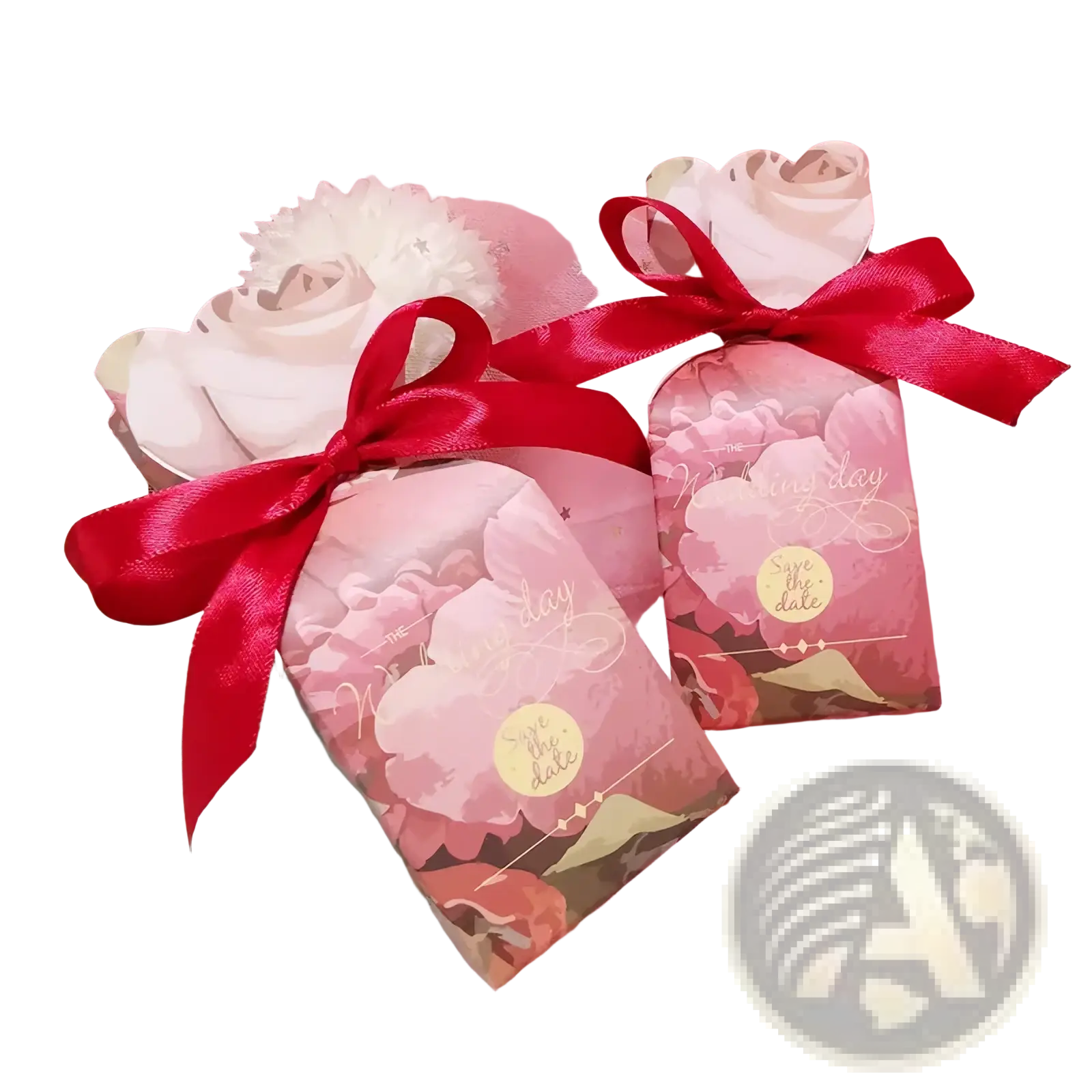 Pink floral-patterned save the date gift bags with red satin ribbons for floral wedding favor boxes with ribbons