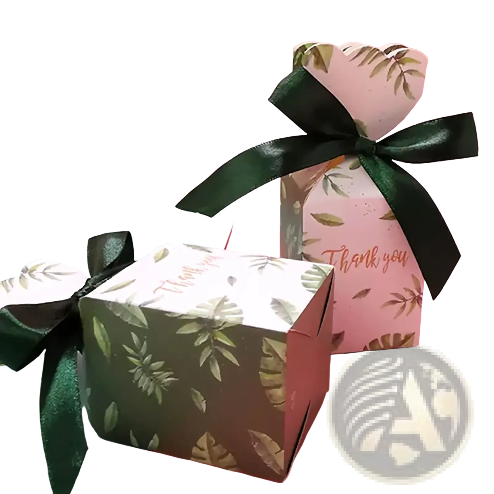 Floral wedding favor boxes with ribbons in dark green and light pink paper featuring leaf patterns and black glossy ribbons