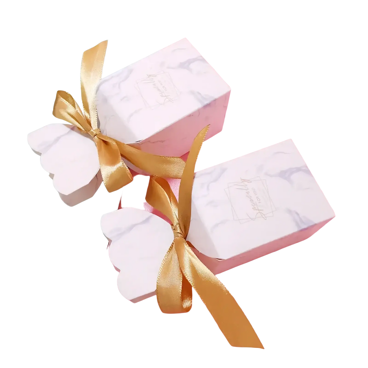 White marble-patterned floral wedding favor box with gold ribbon tied in a bow for elegant event gifting