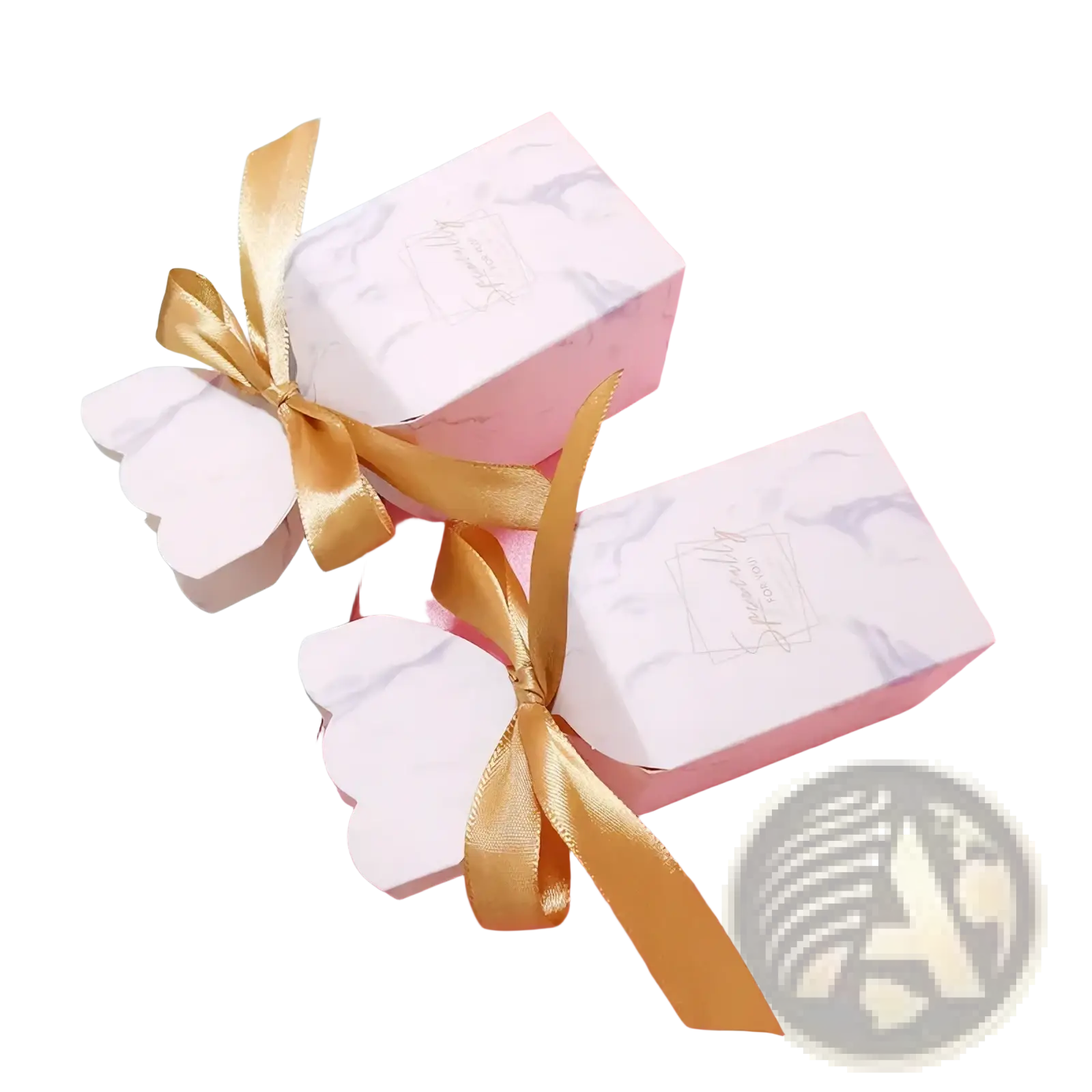 White marble-patterned floral wedding favor box with gold ribbon tied in a bow for elegant event gifting