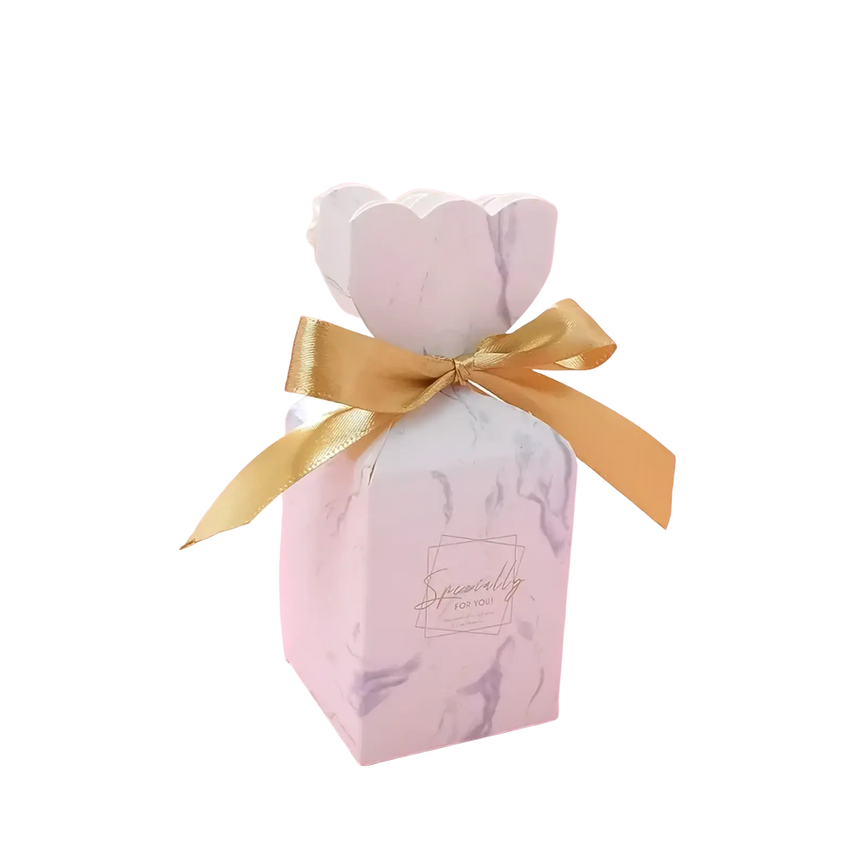 A white marble-patterned floral wedding favor box with gold ribbon and sincerely for you script on the lid