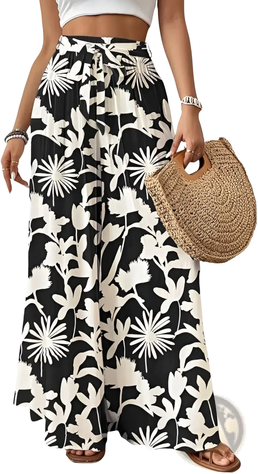 Black and white floral print wide-leg maxi skirt with drawstring waistband ideal for women’s casual wear