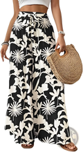 Black and white floral print wide-leg maxi skirt with drawstring waistband ideal for women’s casual wear