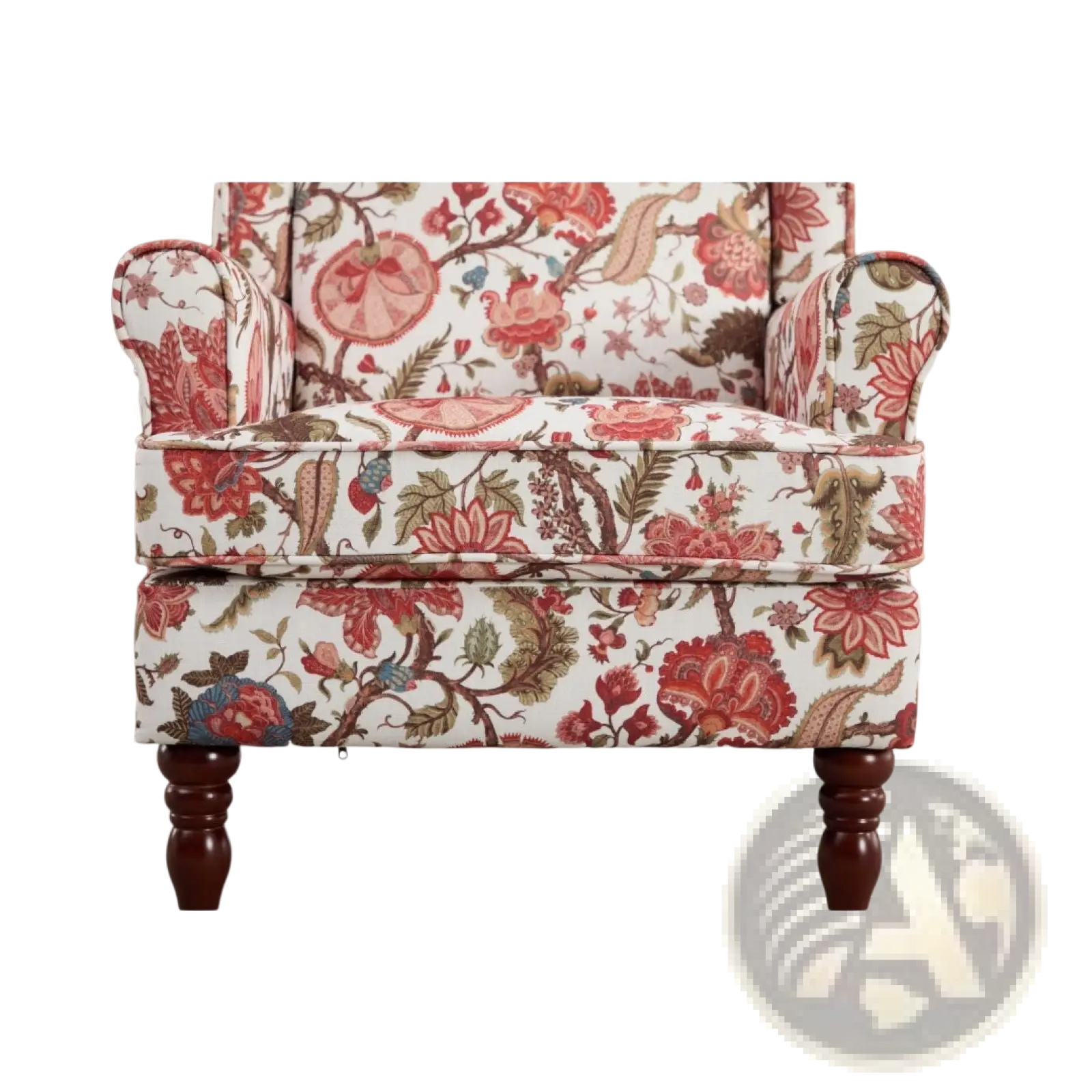 Floral wingback accent chair upholstered in vibrant red pink and brown floral fabric on cream background with retro wood legs