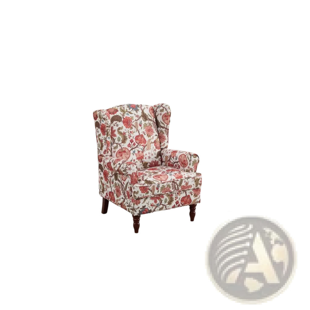 Floral wingback accent chair upholstered in red and cream fabric with retro dark wooden legs
