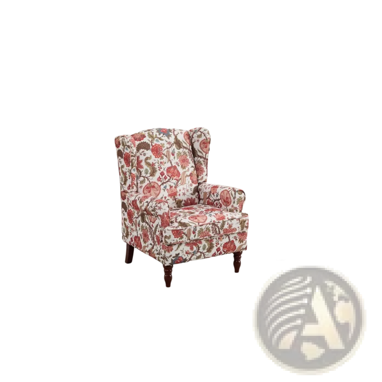 Floral wingback accent chair upholstered in red and cream fabric with retro dark wooden legs