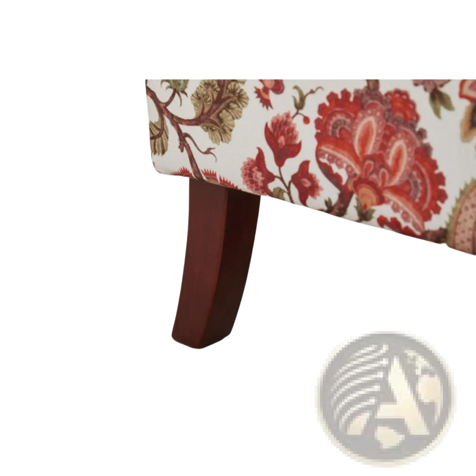 Floral wingback accent chair featuring a dark reddish-brown wooden leg with a curved elegant design supporting floral upholstery